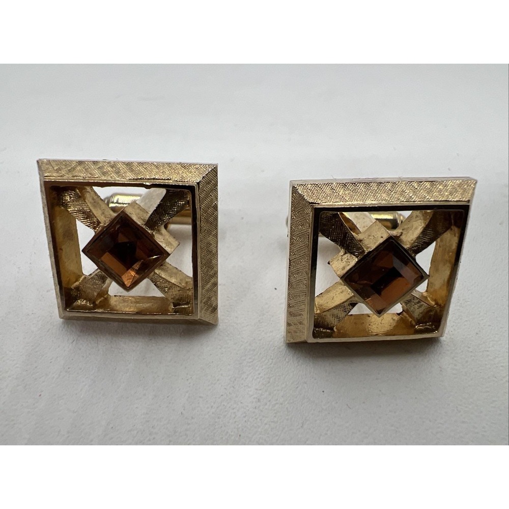 vintage gold tone cufflinks With Amber Rhinestone